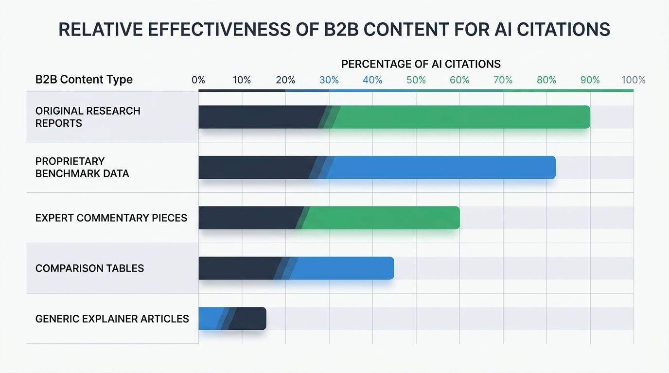 A horizontal bar chart comparing the relative effectiveness of different B2B content types for earning AI citations, with original research reports at the top, followed by proprietary benchmark data, 