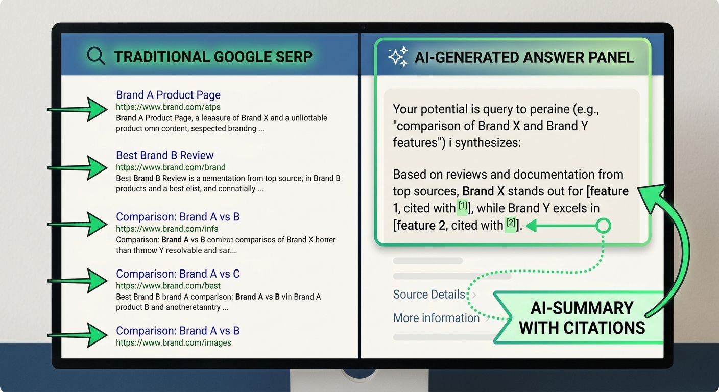 a split-screen comparison showing a traditional Google SERP with blue links on the left, and an AI-generated answer panel with inline citations on the right, highlighting where brand visibility appear