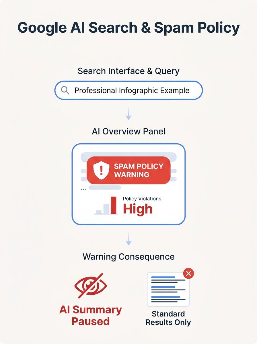 Google search interface showing AI Overview panel with spam policy warning overlay