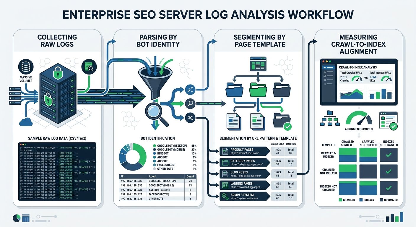 infographic showing a server log analysis workflow for enterprise SEO — from collecting raw logs, to parsing by bot identity, to segmenting by page template, to measuring crawl-to-index alignment, wit