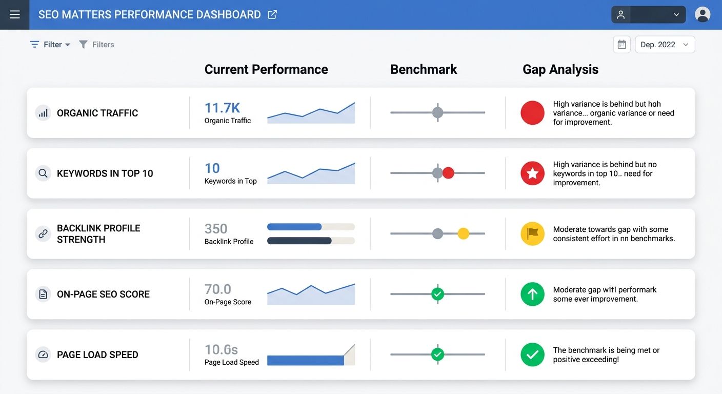 A sample three-column gap analysis dashboard showing five SEO metrics with color-coded gap indicators (red for significant gaps, yellow for moderate, green for meeting benchmarks), displayed in a clea