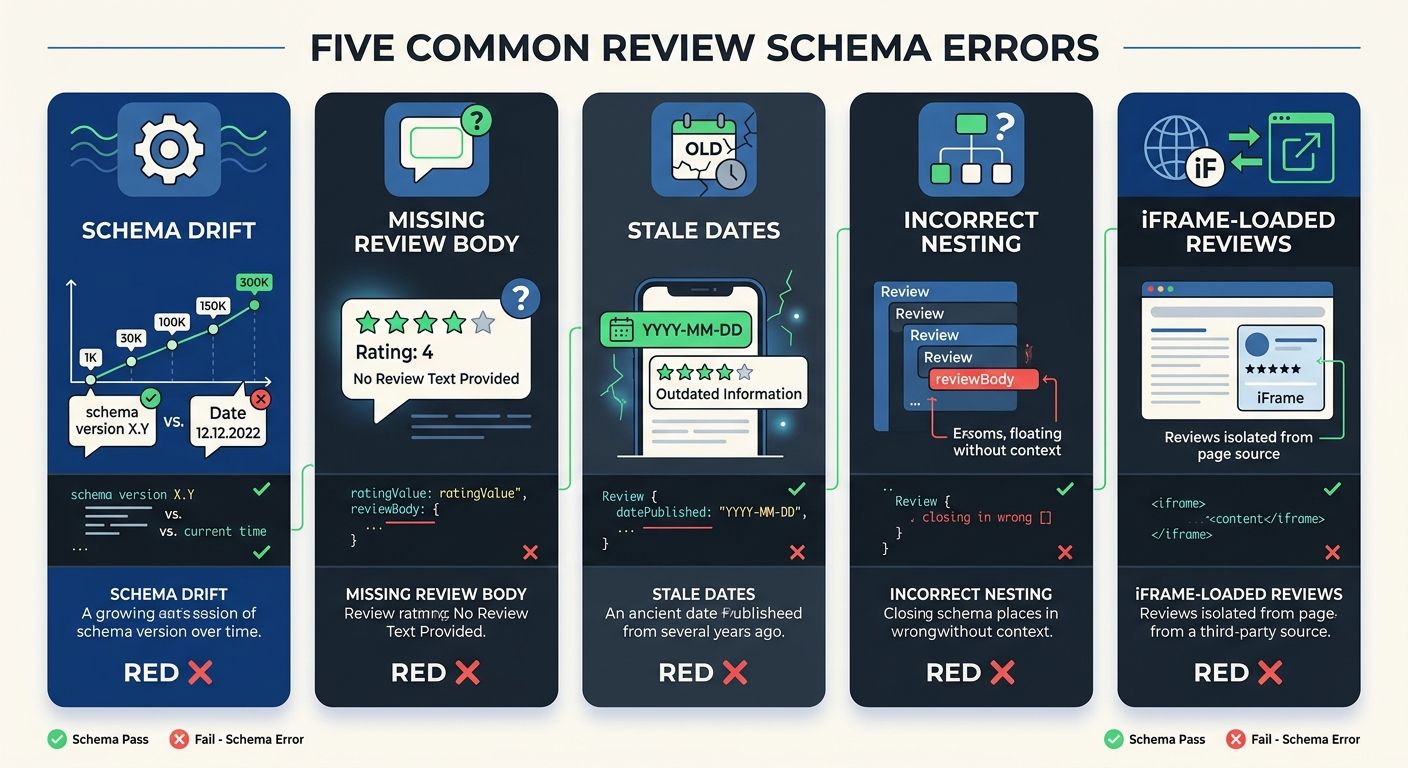 An infographic showing five common review schema errors side by side: schema drift, missing review body, stale dates, incorrect nesting, and iFrame-loaded reviews, with a checkmark or X for each indic