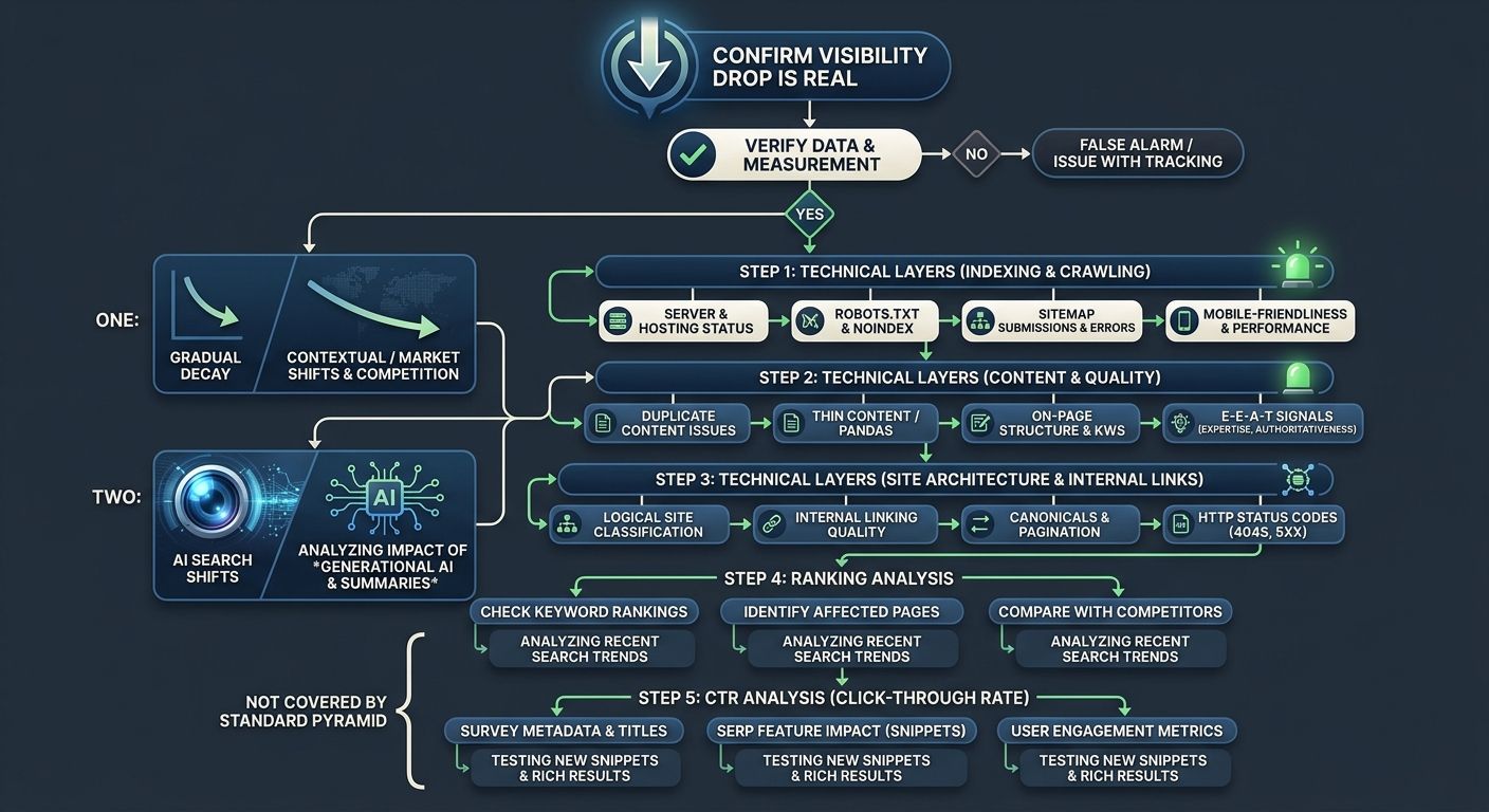 Flowchart showing decision tree for SEO visibility drop diagnosis, starting with confirming the drop is real, branching into technical layers 1-3, then into ranking and CTR analysis, with side branche
