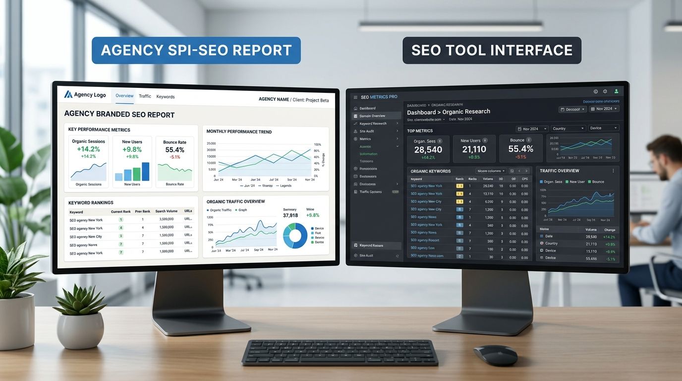 A side-by-side dashboard mockup showing an agency-branded SEO report on the left and the raw tool interface it was generated from on the right, highlighting how agency reporting often mirrors tool out