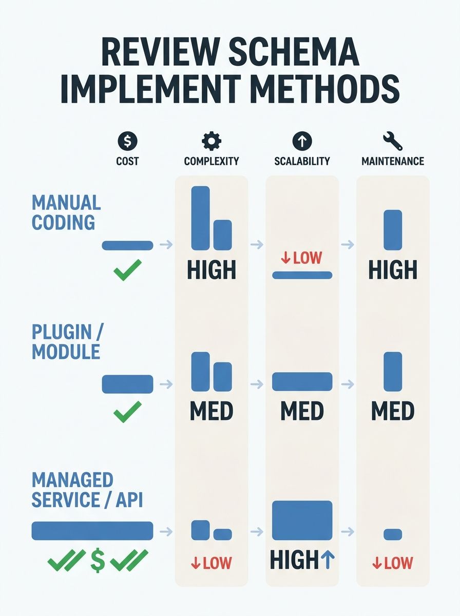 Comparison chart showing three review schema implementation methods side by side with columns for cost, complexity, scalability, and maintenance requirements
