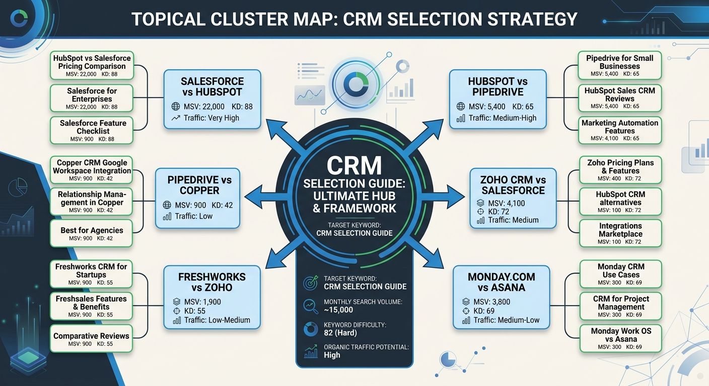 An infographic showing a topical cluster map with a central "CRM Selection Guide" pillar page connected by arrows to six surrounding comparison pages (e.g., "Salesforce vs HubSpot," "HubSpot vs Pipedr