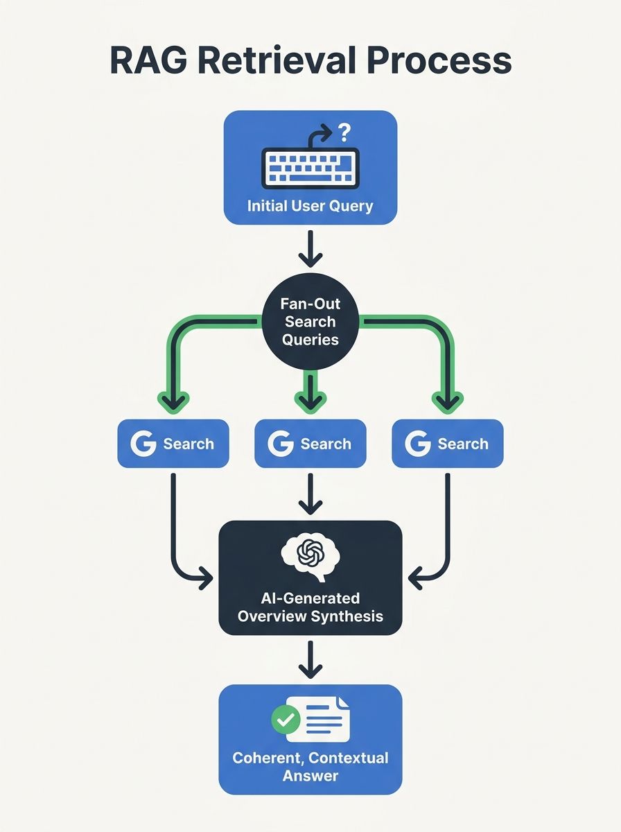 Diagram showing RAG retrieval process querying Google's main Search index with multiple fan-out queries feeding into AI-generated overview
