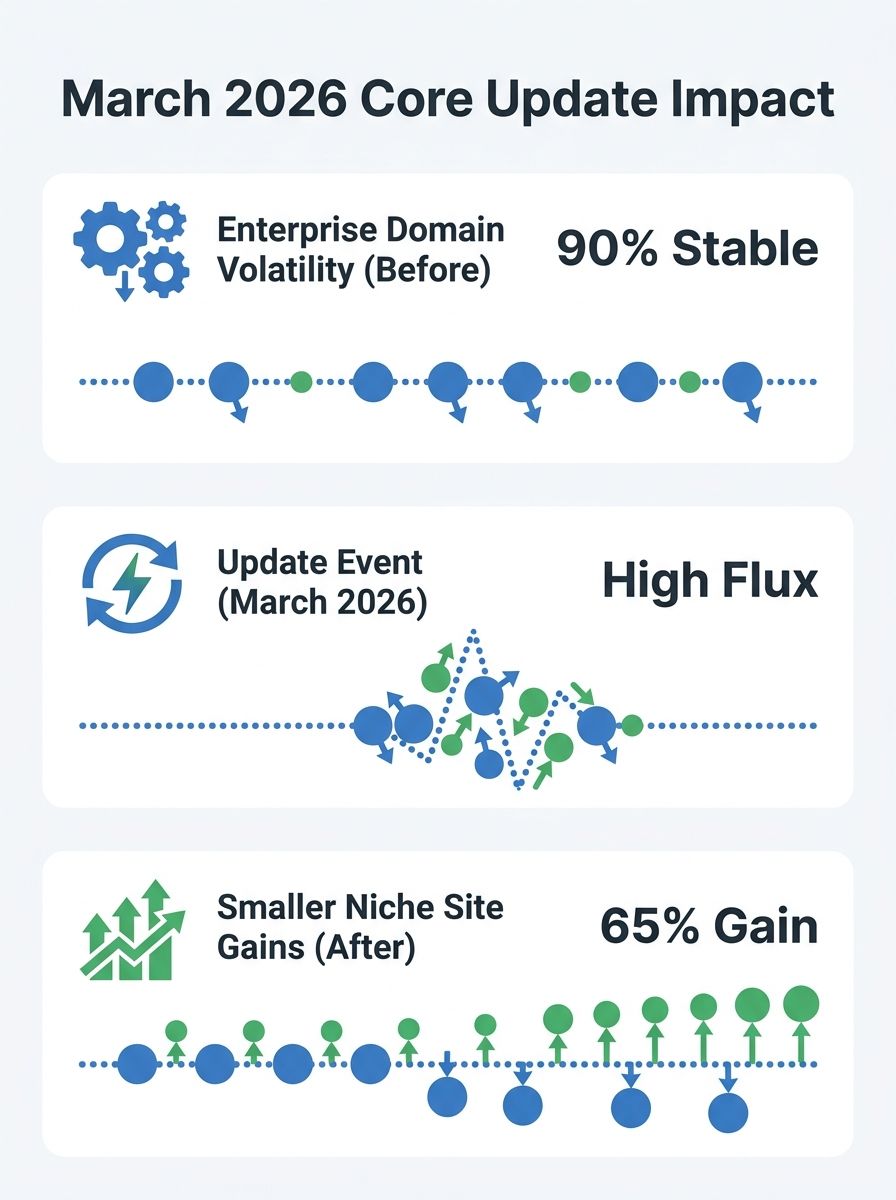 A data visualization showing the March 2026 core update volatility — a before-and-after comparison of top-10 SERP positions, with enterprise domains losing placements and smaller niche sites gaining t
