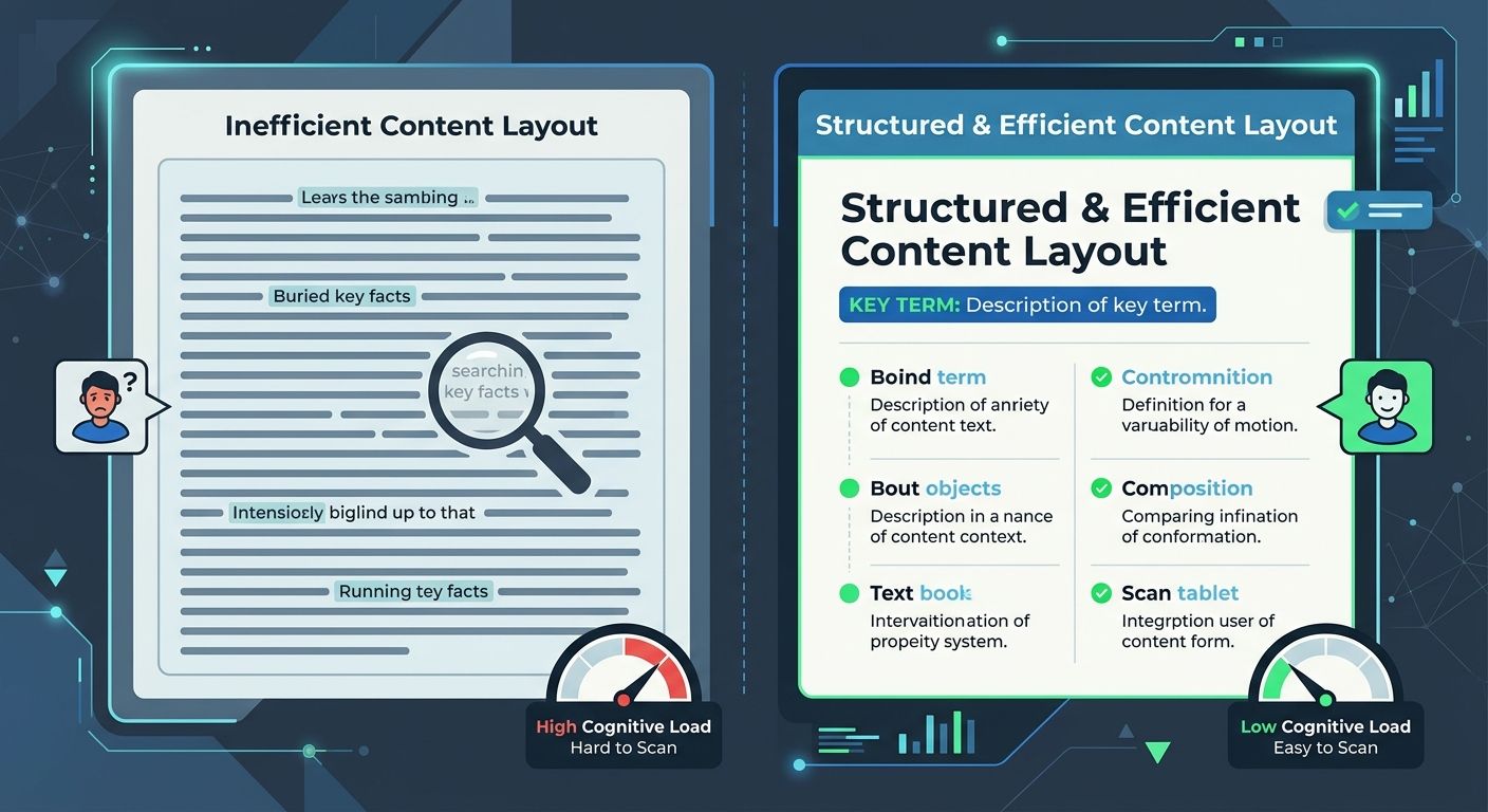 A side-by-side comparison of two content layouts - one showing a long paragraph with key facts buried in the middle, and another showing the same information restructured with a definition list, a cle
