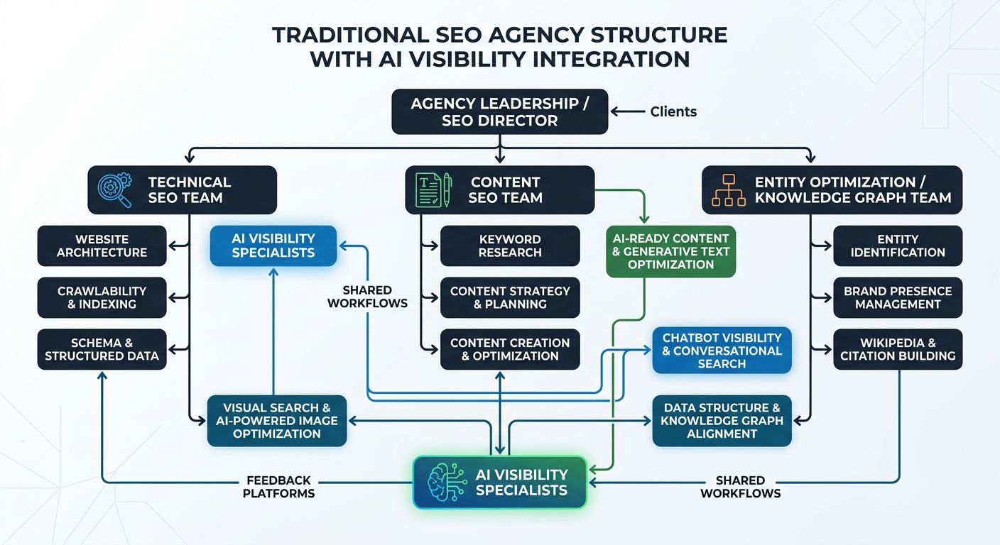 Organizational chart showing how AI visibility specialists integrate within a traditional agency SEO team structure, with shared workflows between content, technical SEO, and entity optimization funct