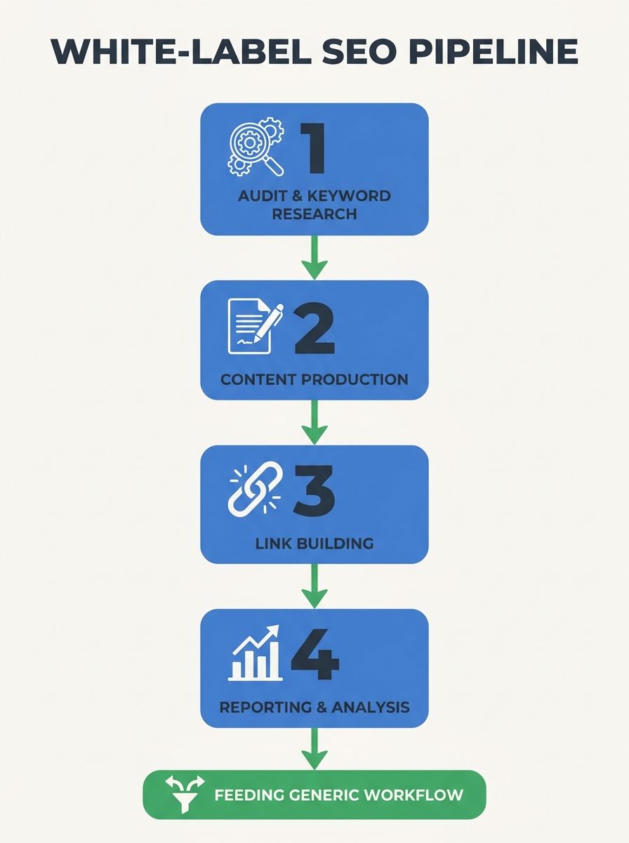 diagram showing a traditional white-label SEO fulfillment pipeline with standardized steps flowing from technical audit through keyword research, content production, link building, and reporting, all 
