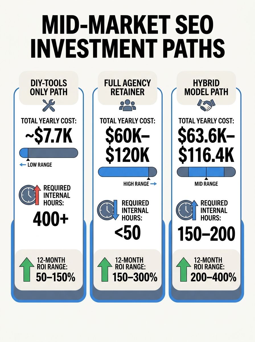 An infographic comparing three SEO investment paths for mid-market businesses — DIY tools only at $7,680 per year, full agency retainer at $60,000–$120,000 per year, and hybrid model at $63,600–$116,4