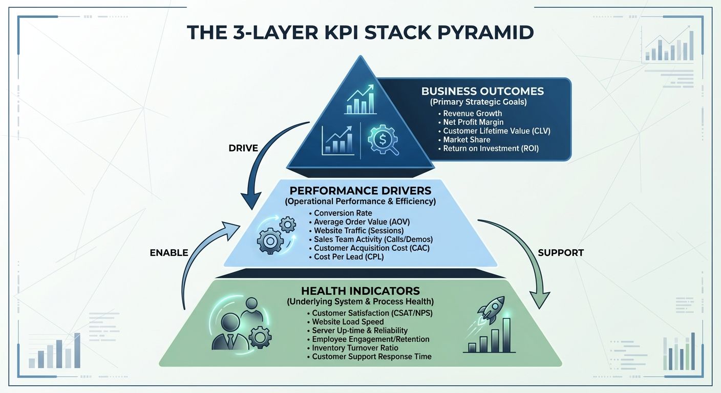 An infographic showing the 3-Layer KPI Stack pyramid with Business Outcomes at the top, Performance Drivers in the middle, and Health Indicators at the bottom, with example metrics listed for each lay