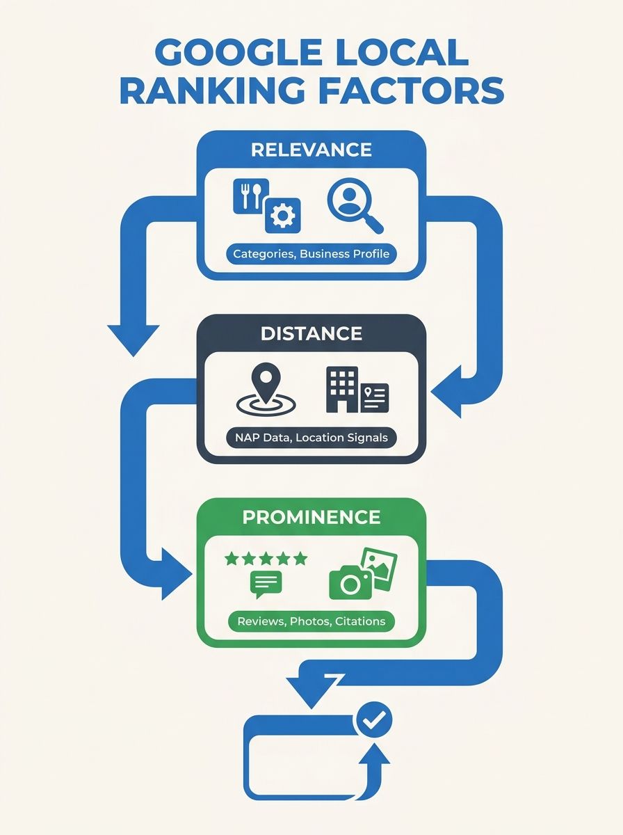 An infographic showing Google's three local ranking factors (relevance, distance, prominence) as three interconnected pillars, with specific profile fields and signals like categories, NAP data, revie