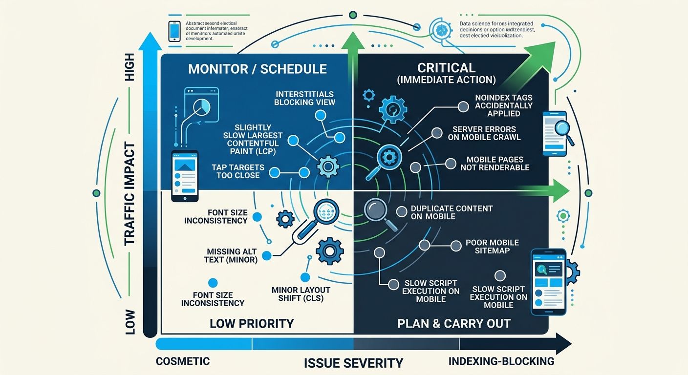 A two-axis priority matrix chart with Traffic Impact on the Y-axis from low to high and Issue Severity on the X-axis from cosmetic to indexing-blocking, with specific mobile audit issues plotted as do