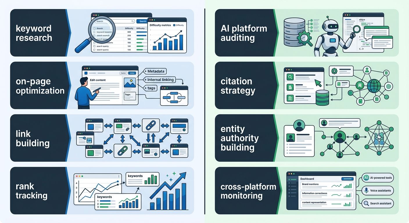 split-screen visual comparing a traditional SEO workflow on the left (keyword research, on-page optimization, link building, rank tracking) with a parallel GEO workflow on the right (AI platform audit