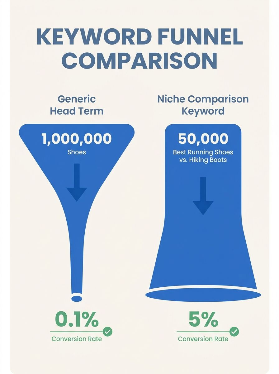 Infographic showing two funnels side by side — one labeled "Generic Head Term" with high traffic volume narrowing to very few conversions, and one labeled "Niche Comparison Keyword" with lower traffic