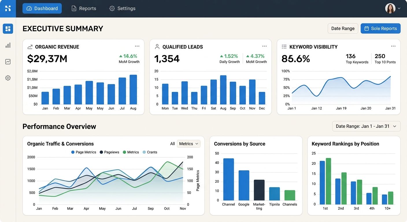 A screenshot-style mockup of a clean SEO dashboard executive summary view with KPI widgets showing organic revenue, qualified leads, and keyword visibility trends