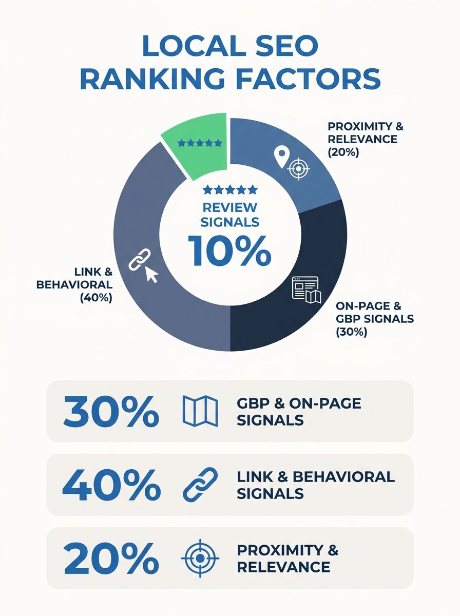 A pie chart showing local SEO ranking factor breakdown, with review signals highlighted at 10%, alongside proximity, relevance, on-page factors, link signals, behavioral signals, and GBP signals
