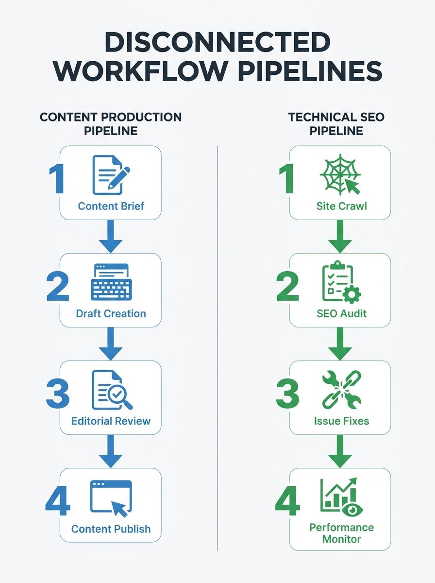 A split-screen diagram showing two disconnected workflow pipelines — a content production pipeline on the left (brief, draft, edit, publish) and a technical SEO pipeline on the right (crawl, audit, fi