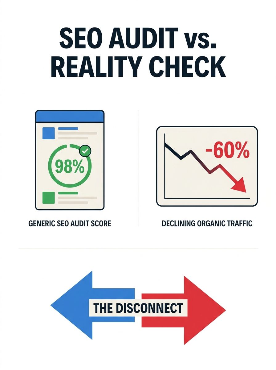 A side-by-side comparison showing a generic SEO audit report with high scores on the left and a design firm's declining organic traffic chart on the right, highlighting the disconnect between audit sc