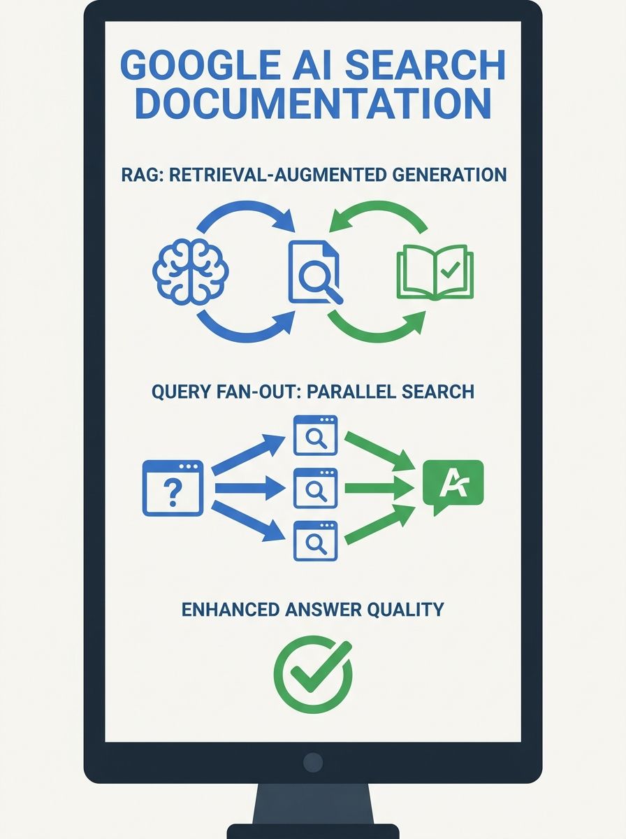 Google AI search documentation displayed on computer screen showing RAG and query fan-out technical diagrams