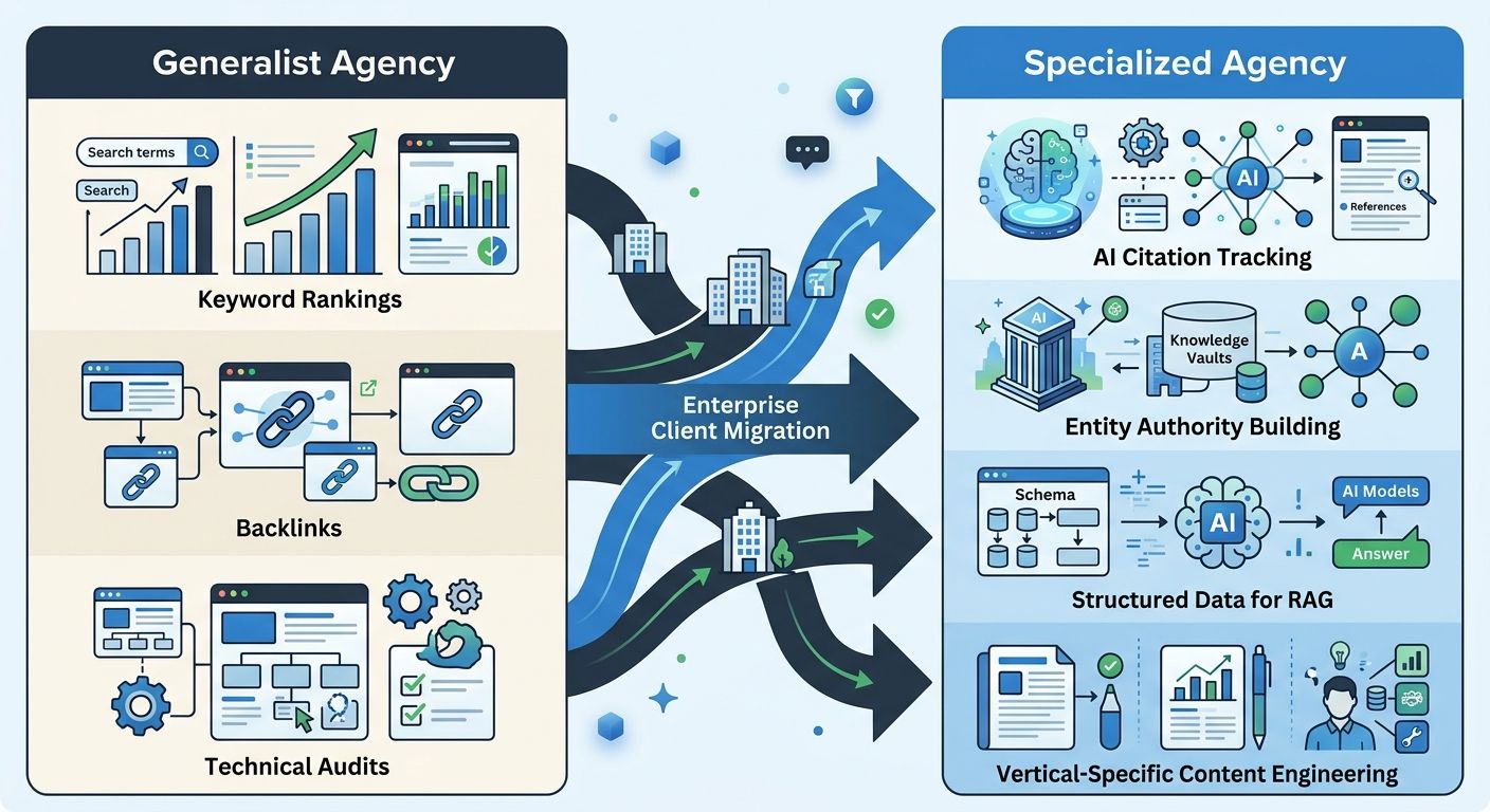 infographic comparing two agency models side by side — a generalist agency showing standardized deliverables like keyword rankings, backlinks, and technical audits versus a specialized agency showing 