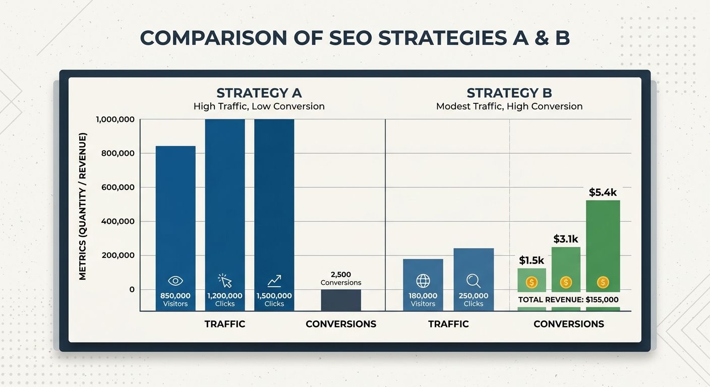 A simple bar chart comparing two SEO strategies side by side — Strategy A shows high traffic bars but a tiny conversion bar, Strategy B shows modest traffic bars but a proportionally large conversion 