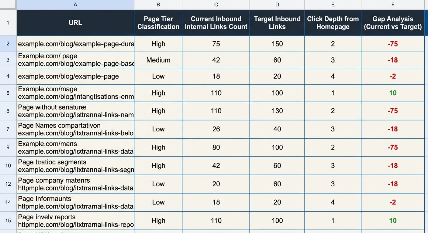 A spreadsheet layout showing columns for URL, page tier classification, current inbound internal links count, target inbound links, click depth from homepage, and a gap analysis column with red-highli