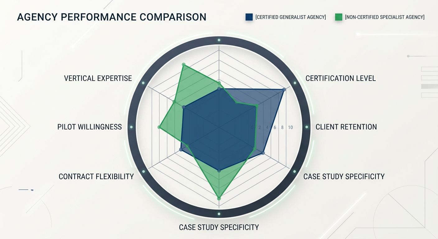 A radar chart comparing two agencies across six dimensions — vertical expertise, certification level, client retention, case study specificity, contract flexibility, and pilot willingness — showing ho