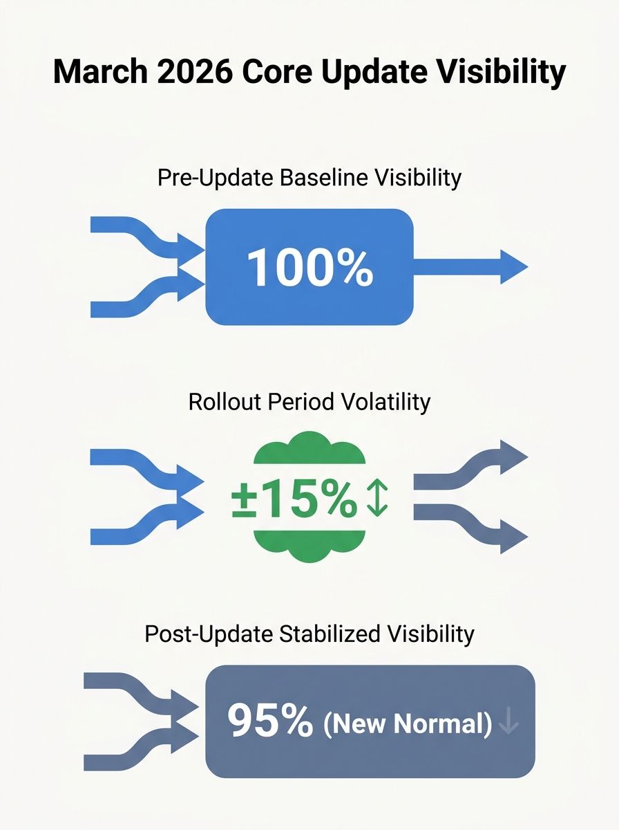 Graph showing visibility index changes for major aggregator platforms during March 2026 core update rollout