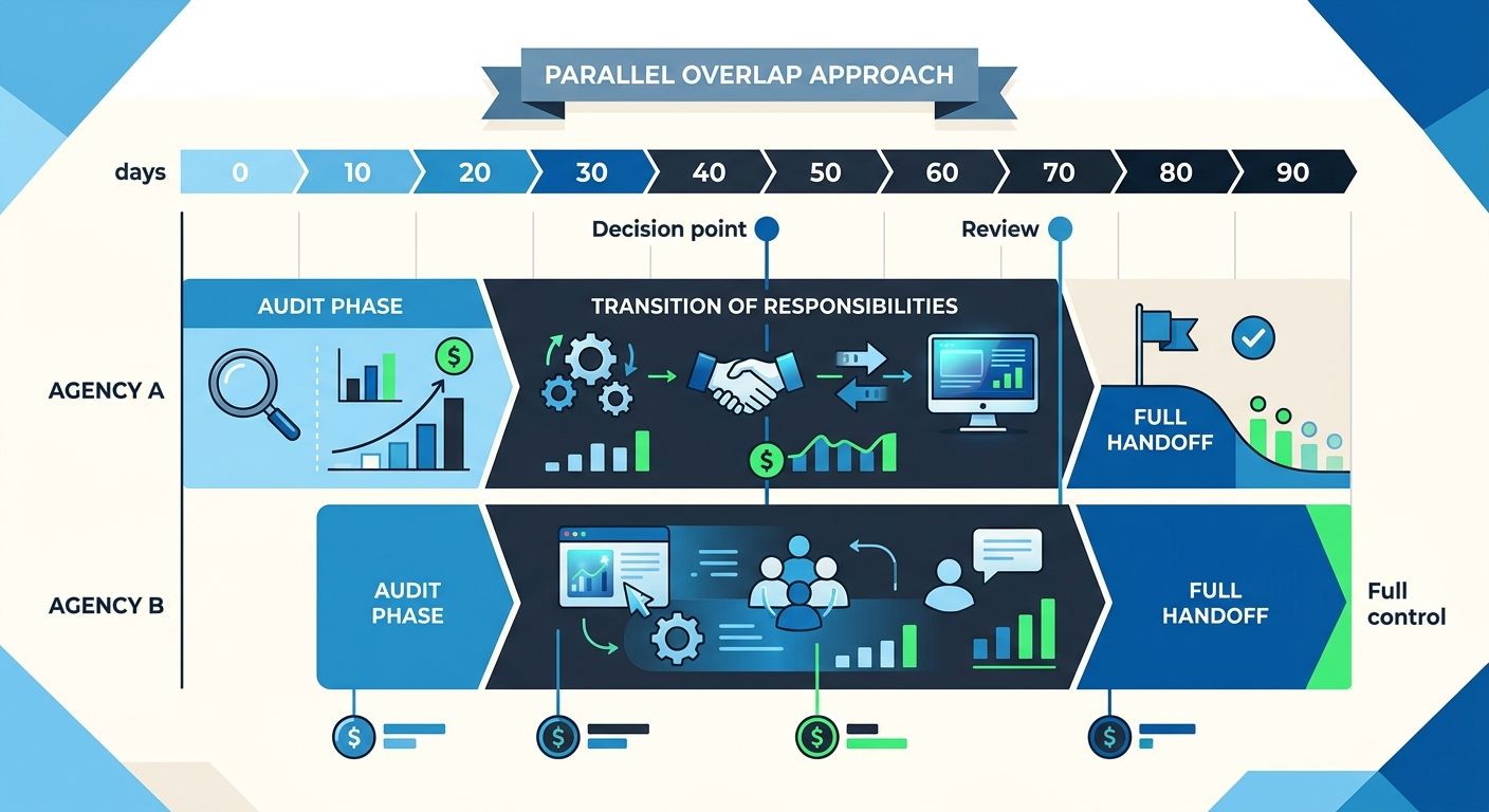 An infographic comparing the parallel overlap approach showing two horizontal bars representing Agency A and Agency B's involvement over a 90-day timeline, with labeled phases for audit, transition of