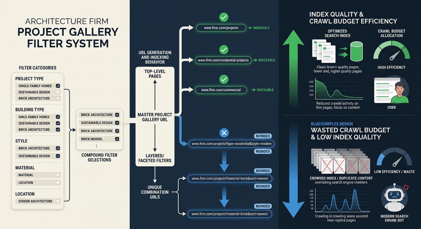 A visual diagram showing an architecture firm's project gallery filter system, with arrows indicating which URL paths should be indexable versus noindexed, and the resulting impact on crawl budget and