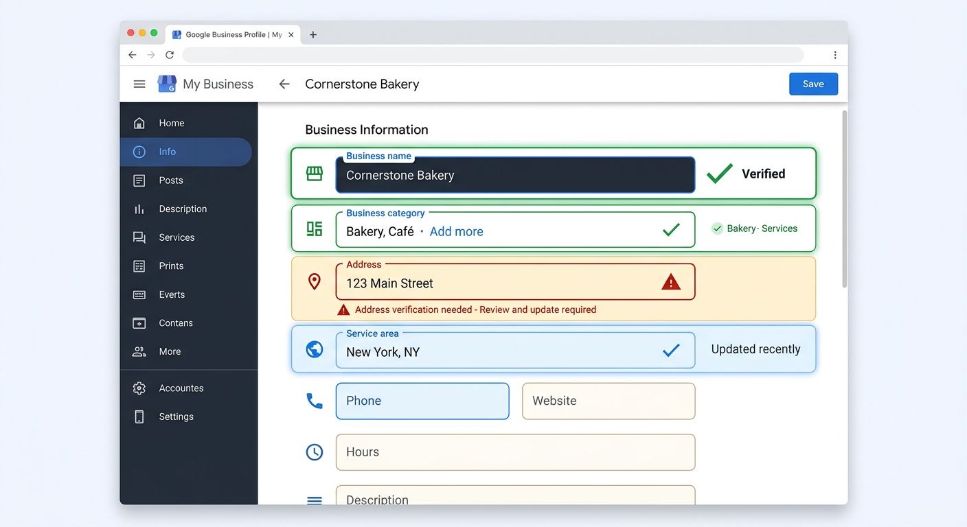 Screenshot-style illustration of a Google Business Profile editing interface, highlighting the business name field, category selection, and address fields with checkmarks and warning indicators