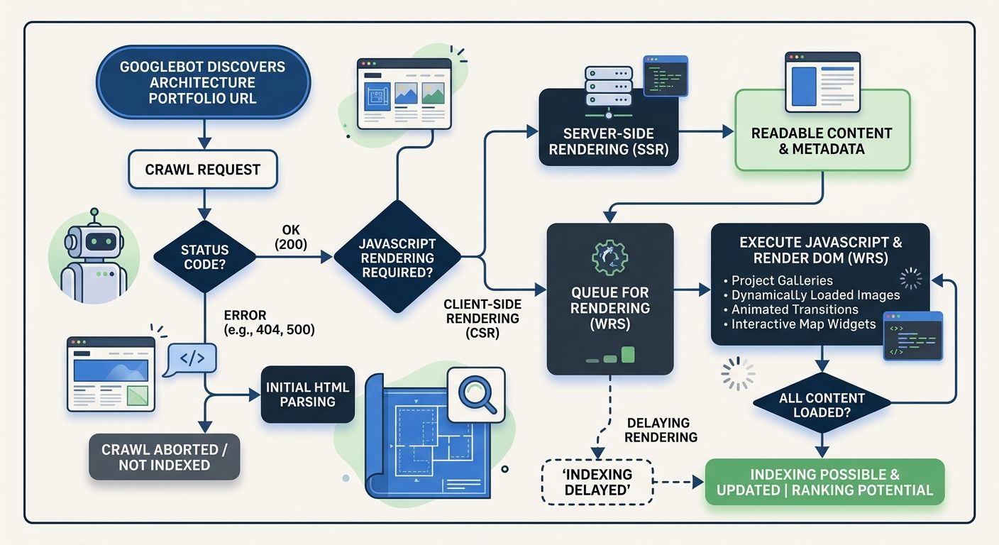 A flowchart diagram showing how Googlebot processes a JavaScript-heavy architecture portfolio page, with decision points for SSR vs client-side rendering, 200 OK vs error status codes, and the resulti
