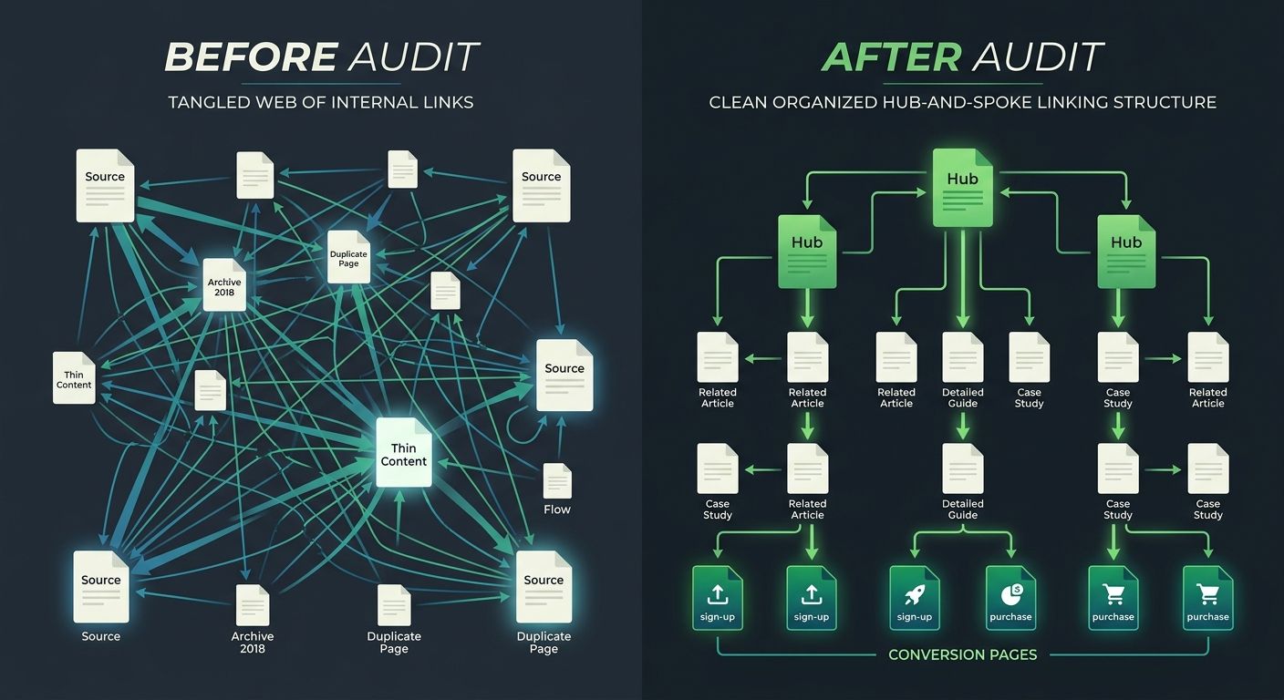 A before-and-after comparison showing a tangled web of internal links on the left labeled before audit with authority flowing chaotically to low-value pages, and a clean organized hub-and-spoke linkin