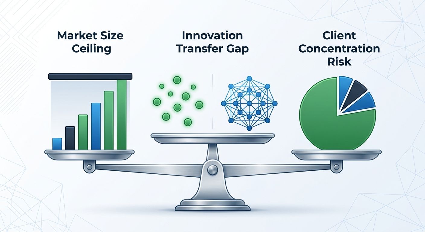 Infographic displaying three risk factors of vertical specialization as a balanced scale - market size ceiling shown as a bar chart approaching a cap, innovation transfer gap shown as isolated circles
