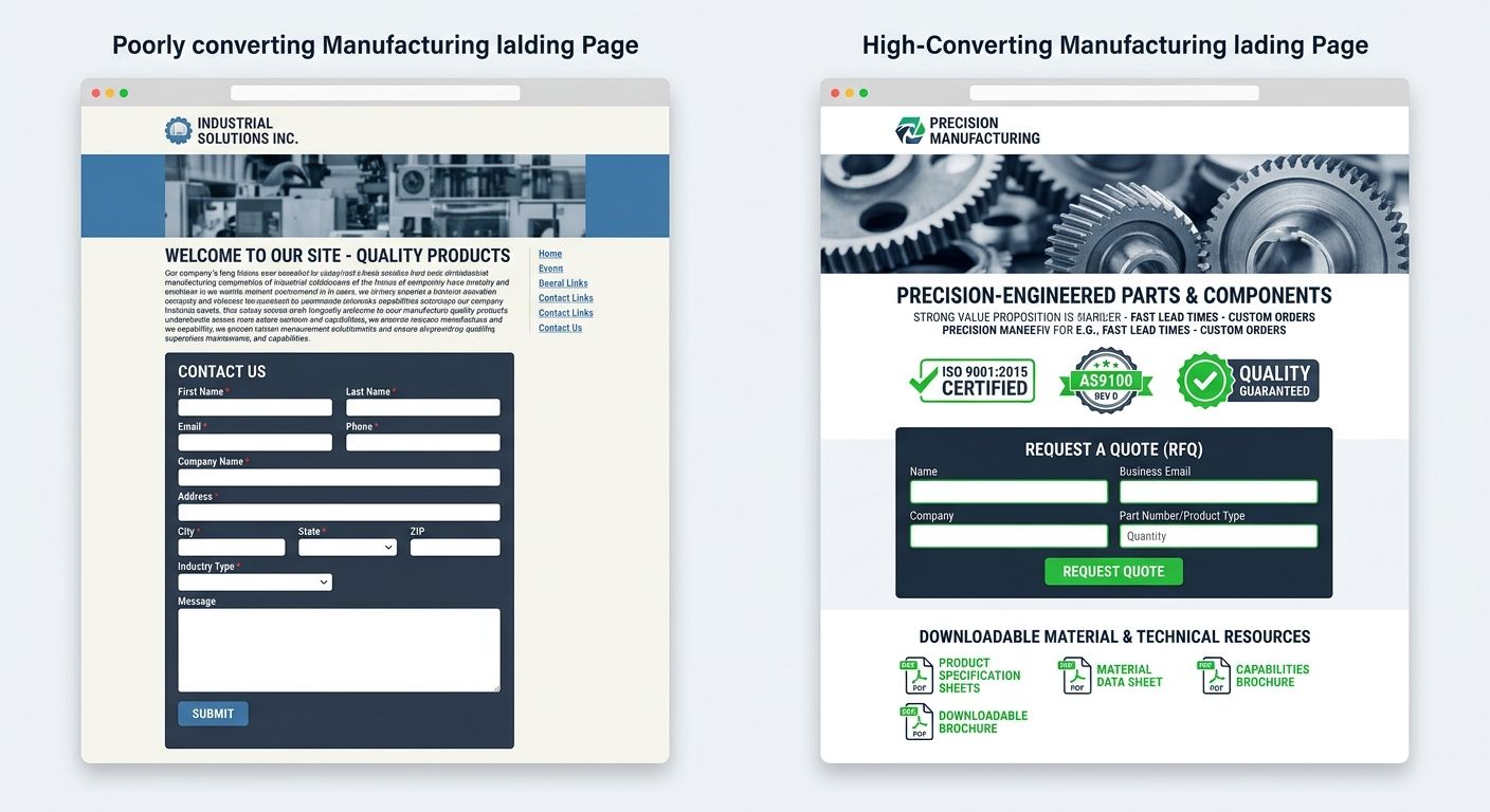Side-by-side comparison of a poorly converting manufacturing landing page with a generic contact form versus a high-converting page with certification badges, simplified RFQ form, and downloadable spe