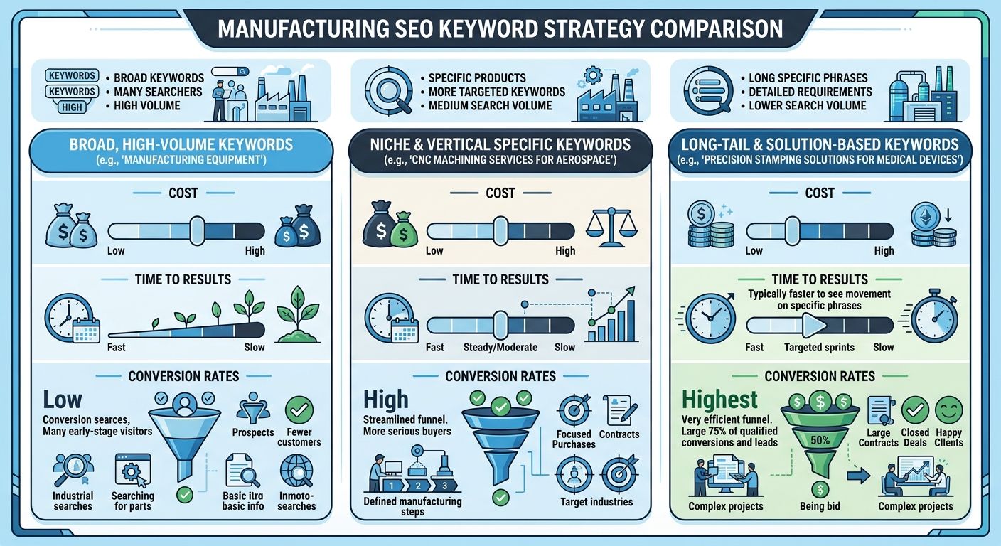 An infographic comparing three manufacturing SEO keyword strategies showing their relative costs, time to results, and conversion rates as visual scales with icons representing each approach
