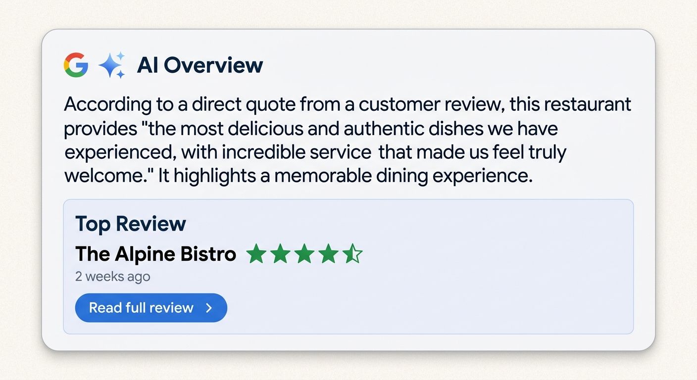 A screenshot-style illustration of a Google AI Overview box pulling a direct quote from a customer review, with the business name and star rating visible below the extracted text