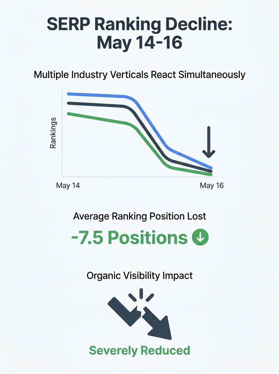 a data visualization showing a steep decline in enterprise SERP rankings from May 14 to May 16 2026, with multiple colored lines representing different industry verticals all dropping simultaneously