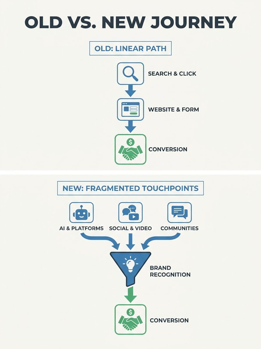 A split-screen diagram showing the old B2B buyer journey (Google search → SERP click → website → form fill) versus the new fragmented journey showing multiple discovery touchpoints including AI assist