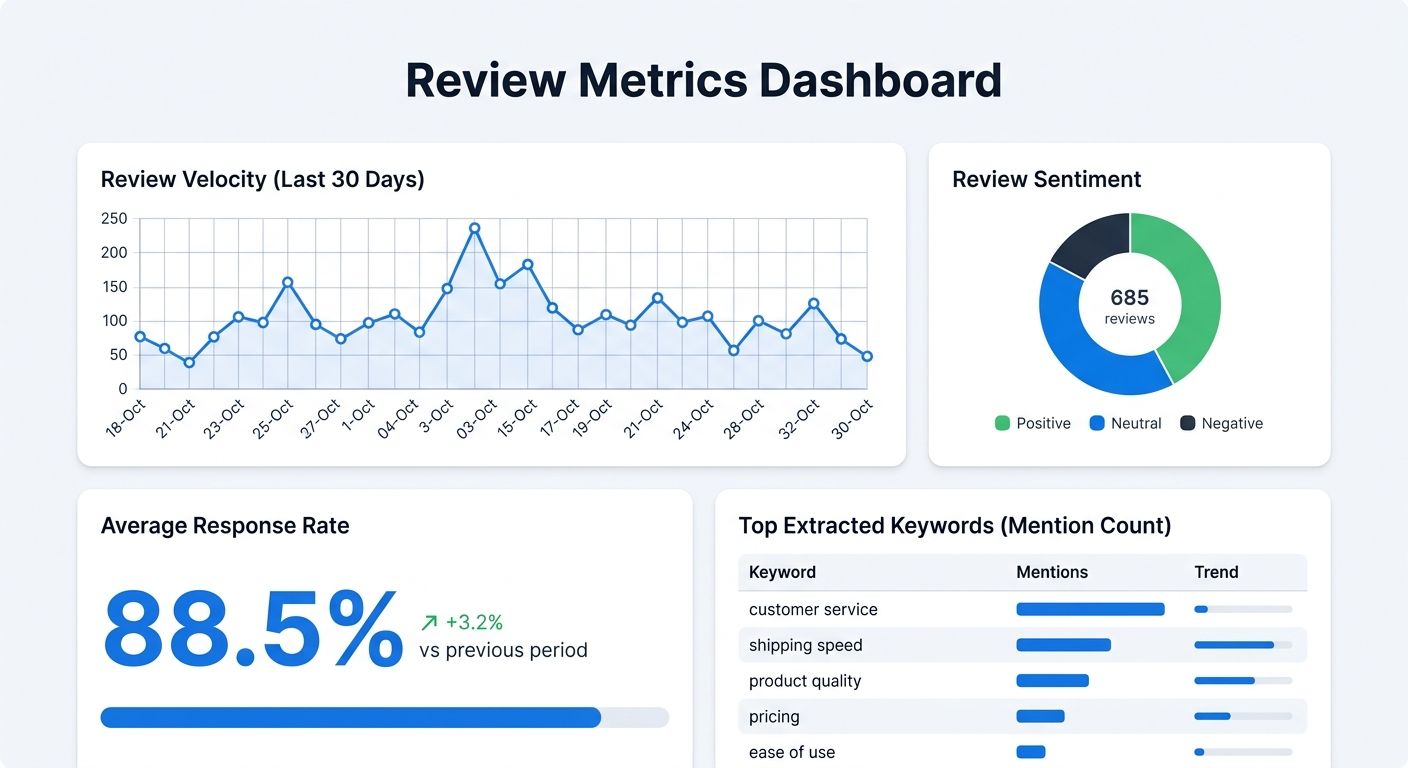 A sample white-label audit report section showing review metrics dashboard with velocity graph, sentiment pie chart, response rate percentage, and top extracted keywords table
