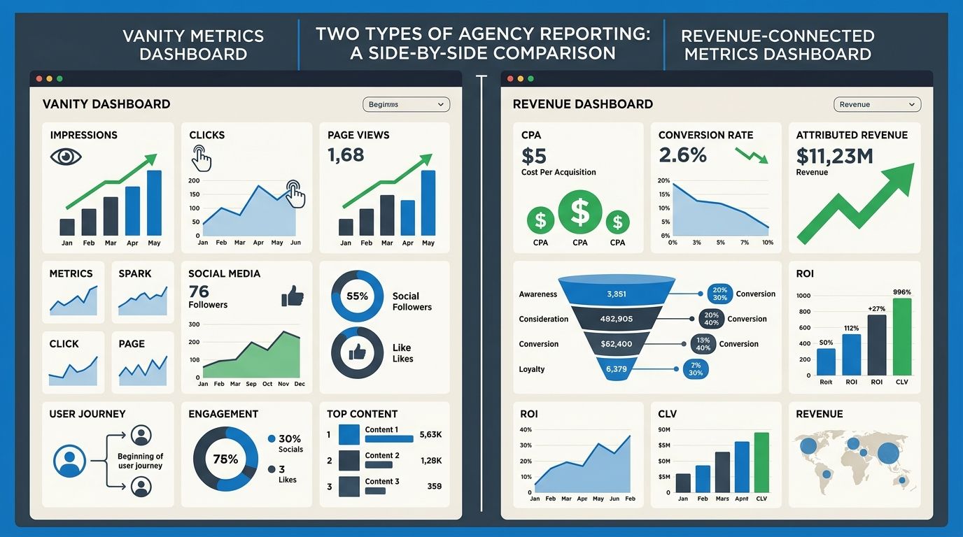 An infographic comparing two agency reporting dashboards side by side — one showing vanity metrics like impressions and clicks, the other showing revenue-connected metrics like CPA, conversion rate, a
