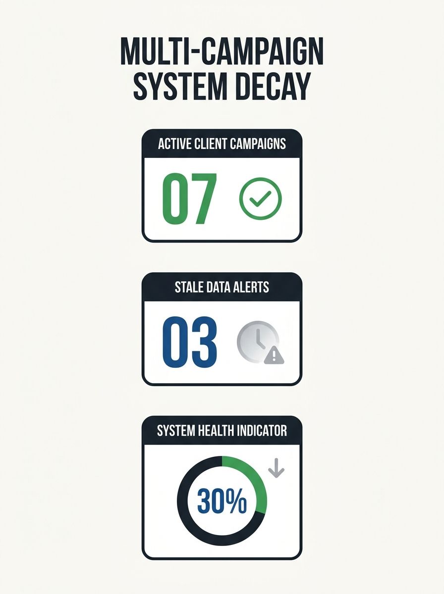 A dashboard visualization showing multiple client campaign panels, some displaying stale data and warning indicators, representing the silent decay of multi-campaign management systems