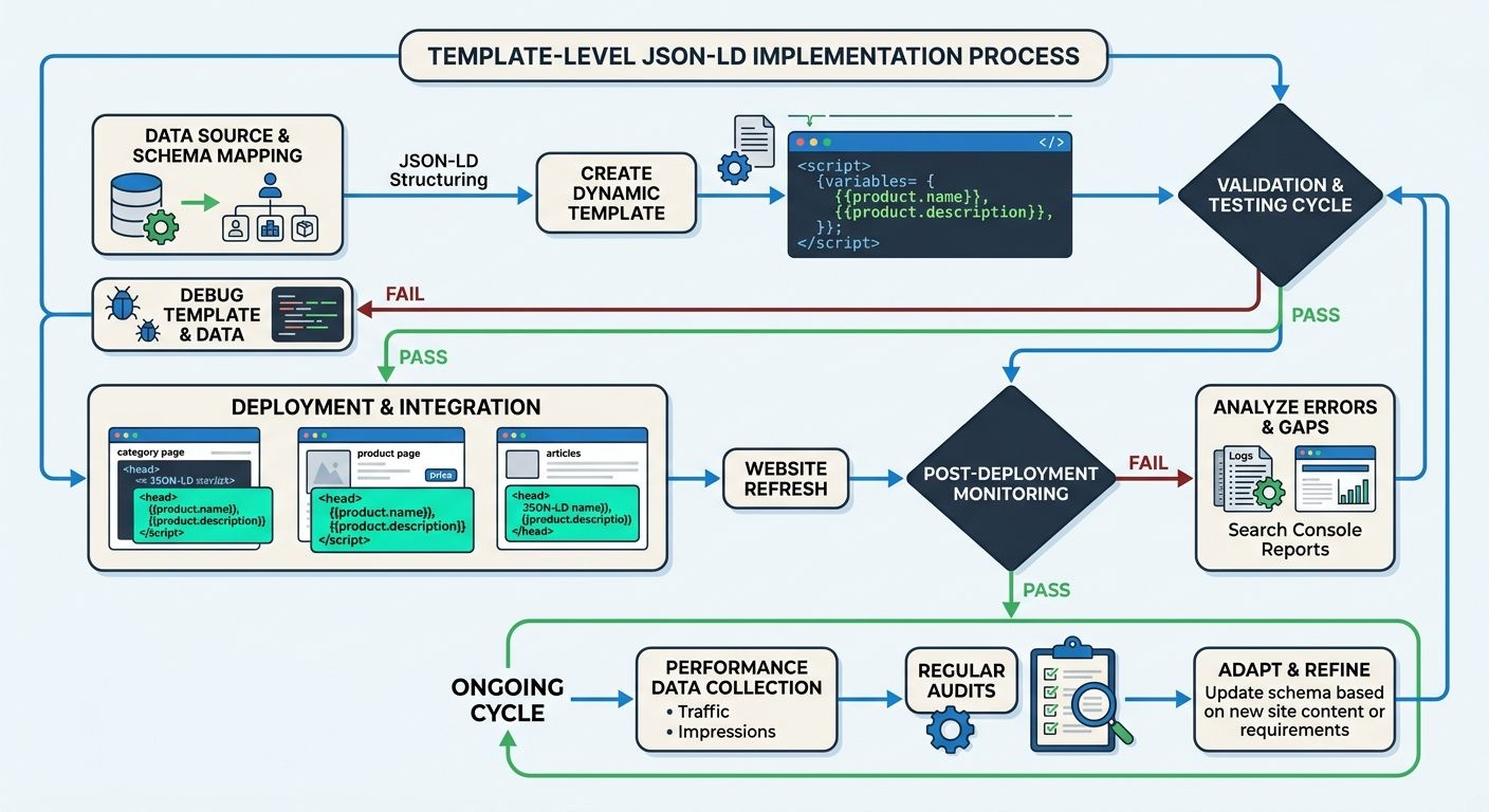 Flowchart infographic showing the template-level JSON-LD implementation process from data source through template integration, validation testing, deployment, and ongoing monitoring cycles with decisi