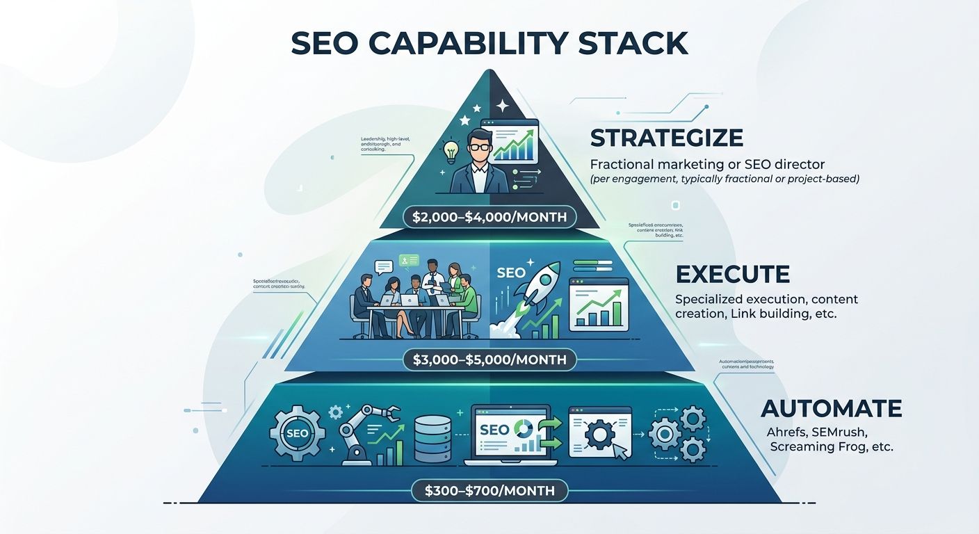 A three-tier pyramid diagram showing the SEO Capability Stack framework — "Automate" at the base with tool icons and $300–$700/month label, "Execute" in the middle with agency icons and $3,000–$5,000/