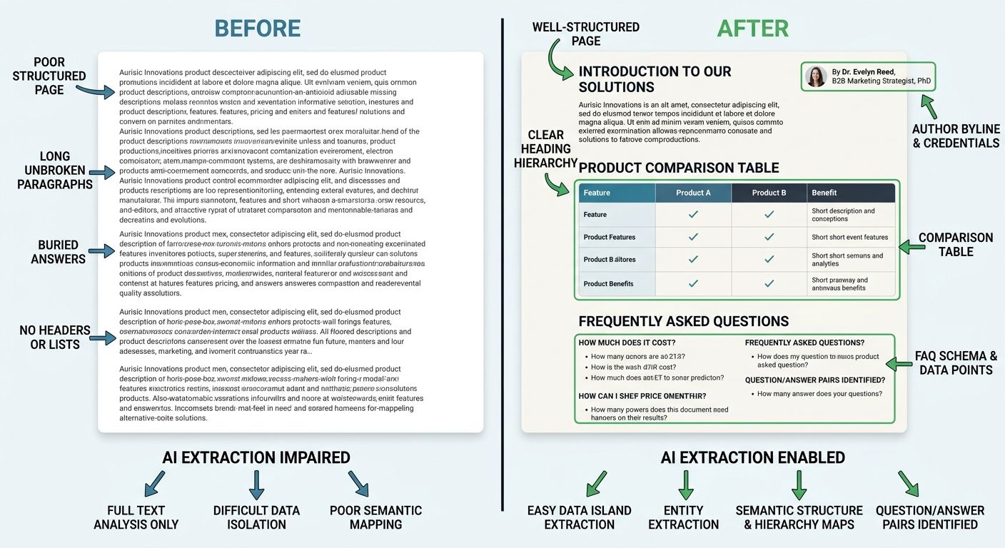 A side-by-side comparison of a poorly structured B2B content page with long unbroken paragraphs, no headers, and buried answers versus a well-structured page with clear heading hierarchy, a comparison
