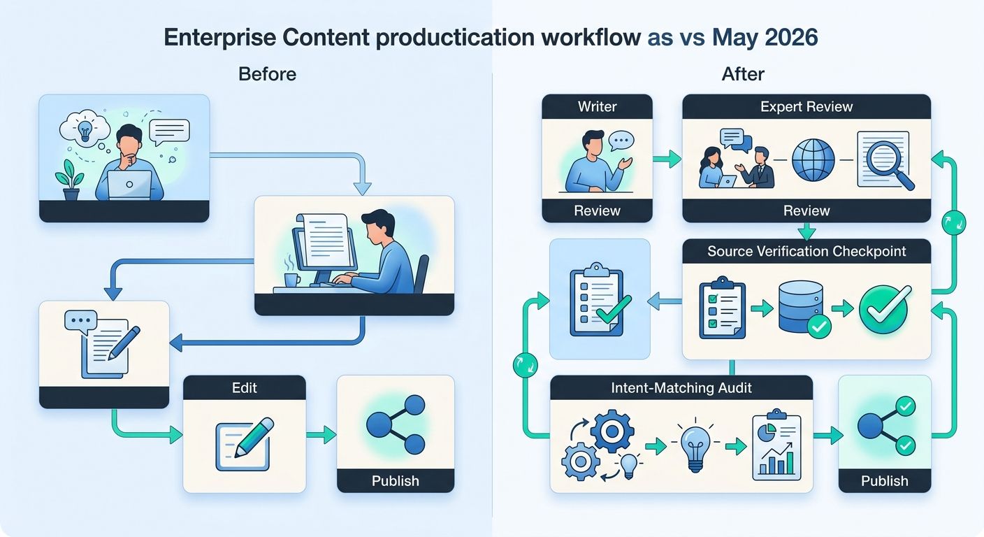 a side-by-side comparison showing an enterprise content production workflow before and after the May 2026 update, with the new workflow including expert review stages, source verification checkpoints,