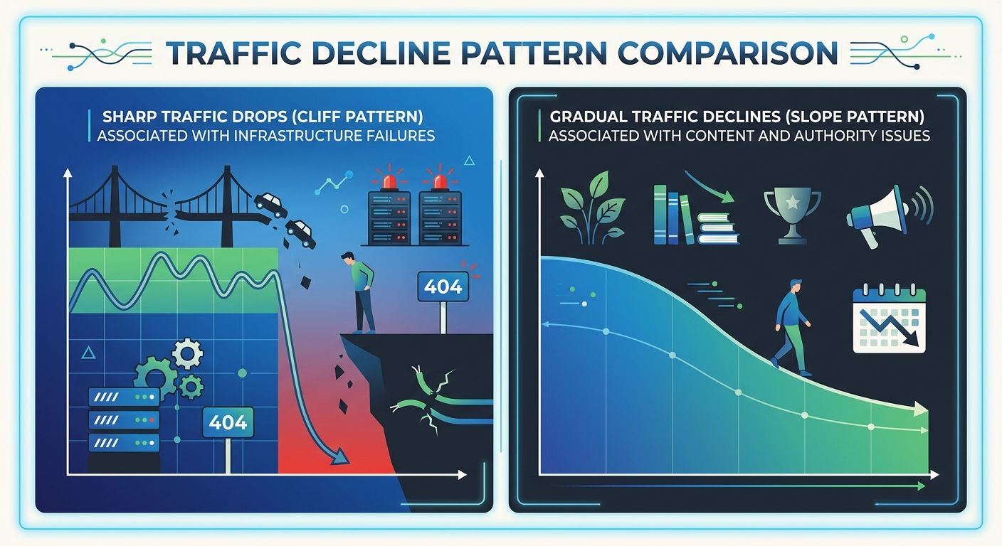 A comparison chart showing sharp traffic drops (cliff pattern) associated with infrastructure failures versus gradual traffic declines (slope pattern) associated with content and authority issues
